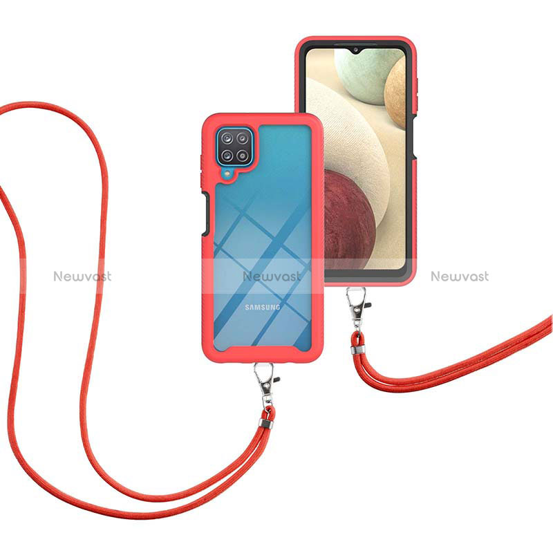 Silicone Matte Finish and Plastic Back Cover Case 360 Degrees with Lanyard Strap for Samsung Galaxy A12 5G Red