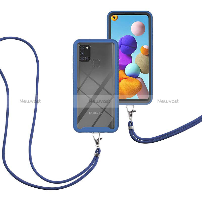 Silicone Matte Finish and Plastic Back Cover Case 360 Degrees with Lanyard Strap for Samsung Galaxy A21s Blue