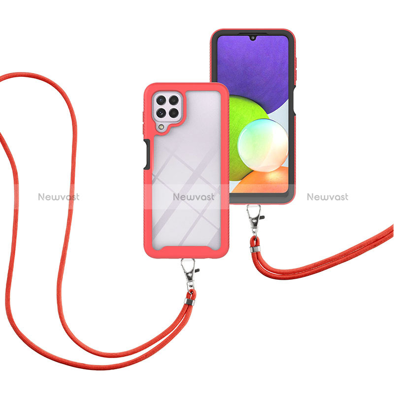 Silicone Matte Finish and Plastic Back Cover Case 360 Degrees with Lanyard Strap for Samsung Galaxy A22 4G Red