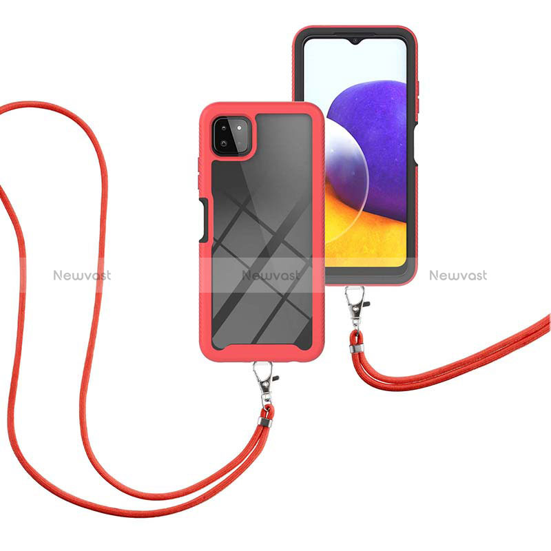 Silicone Matte Finish and Plastic Back Cover Case 360 Degrees with Lanyard Strap for Samsung Galaxy A22 5G Red