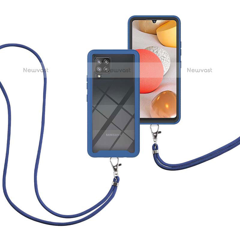 Silicone Matte Finish and Plastic Back Cover Case 360 Degrees with Lanyard Strap for Samsung Galaxy A42 5G Blue