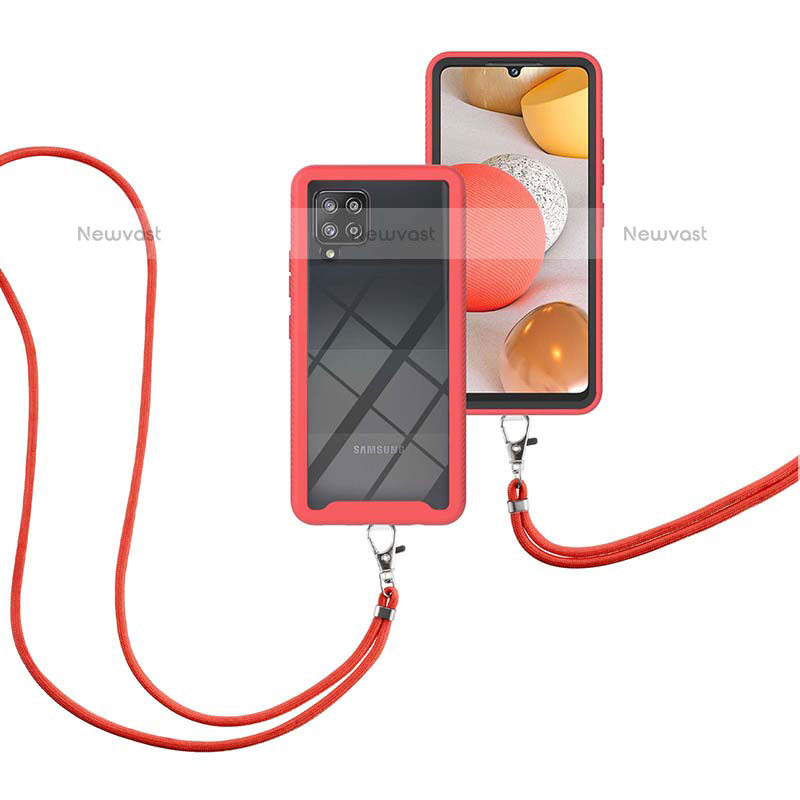 Silicone Matte Finish and Plastic Back Cover Case 360 Degrees with Lanyard Strap for Samsung Galaxy A42 5G Red