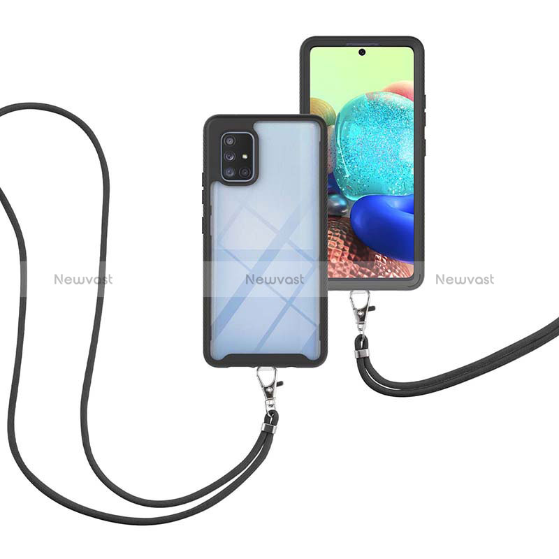 Silicone Matte Finish and Plastic Back Cover Case 360 Degrees with Lanyard Strap for Samsung Galaxy A71 5G Black