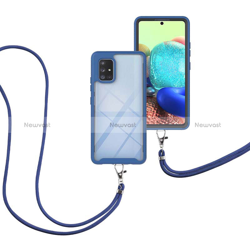 Silicone Matte Finish and Plastic Back Cover Case 360 Degrees with Lanyard Strap for Samsung Galaxy A71 5G Blue