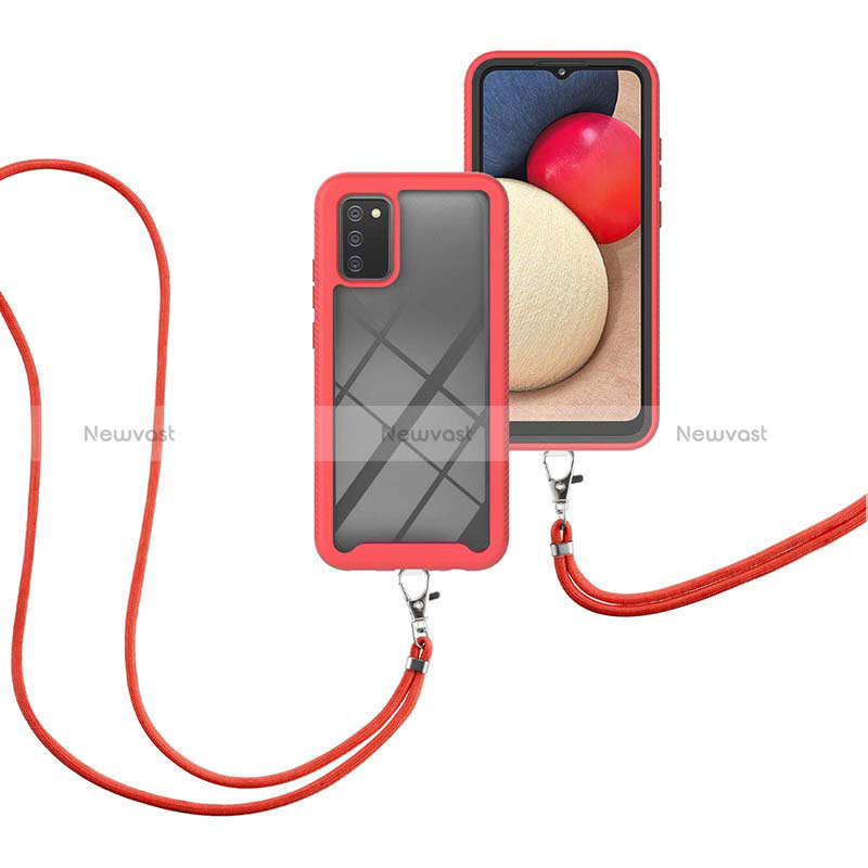 Silicone Matte Finish and Plastic Back Cover Case 360 Degrees with Lanyard Strap for Samsung Galaxy F02S SM-E025F Red