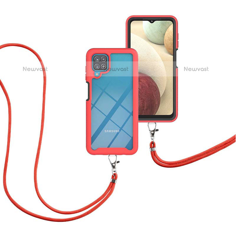 Silicone Matte Finish and Plastic Back Cover Case 360 Degrees with Lanyard Strap for Samsung Galaxy F12 Red