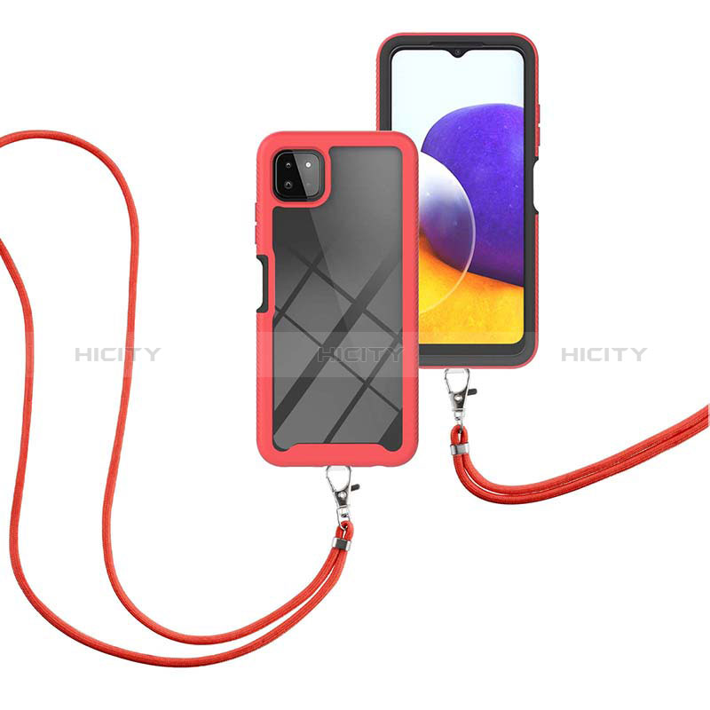 Silicone Matte Finish and Plastic Back Cover Case 360 Degrees with Lanyard Strap for Samsung Galaxy F42 5G Red