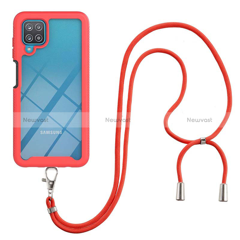 Silicone Matte Finish and Plastic Back Cover Case 360 Degrees with Lanyard Strap for Samsung Galaxy M12