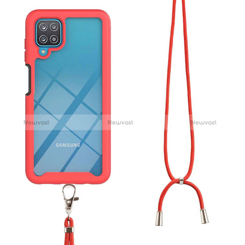 Silicone Matte Finish and Plastic Back Cover Case 360 Degrees with Lanyard Strap for Samsung Galaxy M12