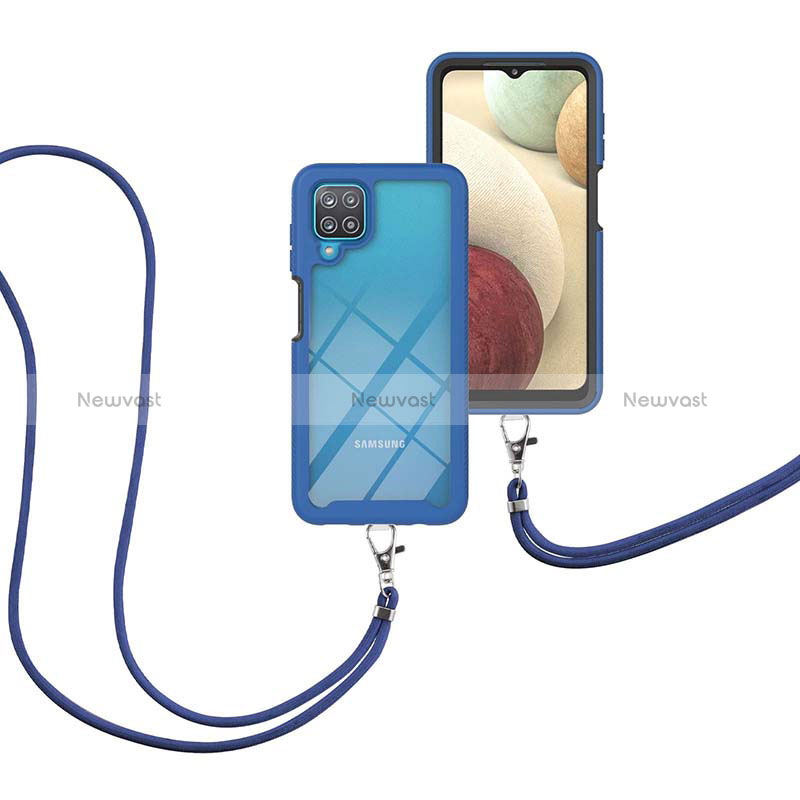 Silicone Matte Finish and Plastic Back Cover Case 360 Degrees with Lanyard Strap for Samsung Galaxy M12 Blue