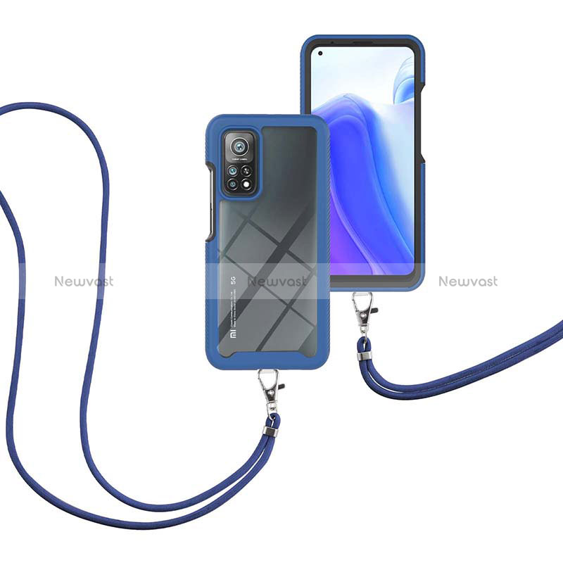 Silicone Matte Finish and Plastic Back Cover Case 360 Degrees with Lanyard Strap for Xiaomi Mi 10T Pro 5G Blue