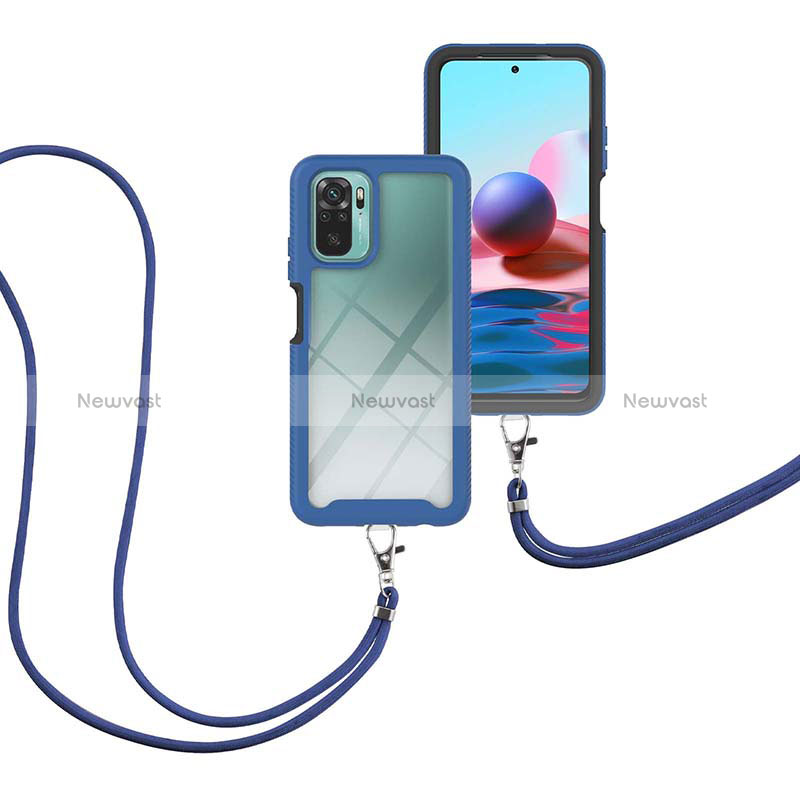 Silicone Matte Finish and Plastic Back Cover Case 360 Degrees with Lanyard Strap for Xiaomi Poco M5S Blue