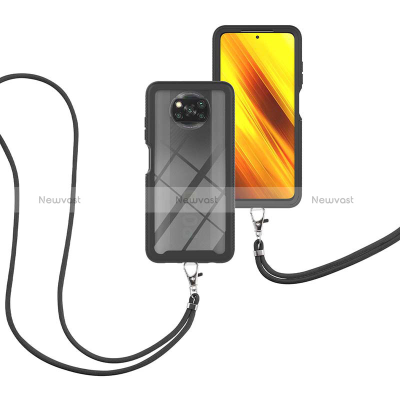 Silicone Matte Finish and Plastic Back Cover Case 360 Degrees with Lanyard Strap for Xiaomi Poco X3 Pro Black