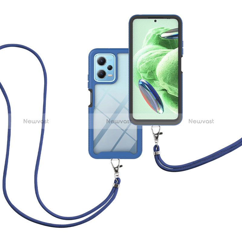 Silicone Matte Finish and Plastic Back Cover Case 360 Degrees with Lanyard Strap for Xiaomi Poco X5 5G Blue