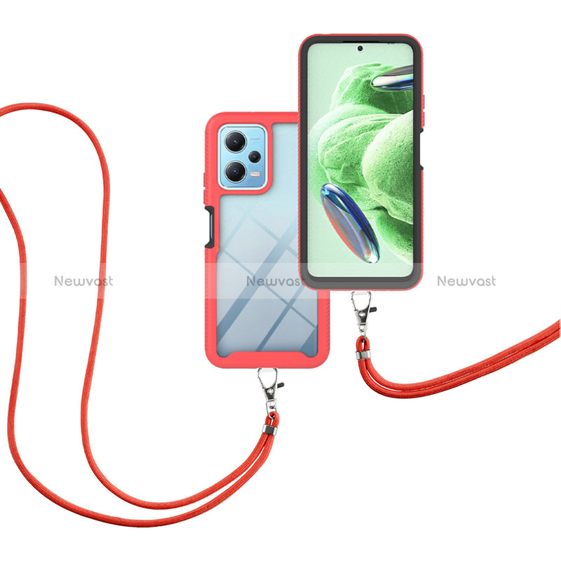 Silicone Matte Finish and Plastic Back Cover Case 360 Degrees with Lanyard Strap for Xiaomi Poco X5 5G Red