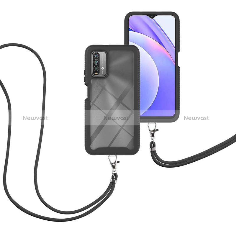 Silicone Matte Finish and Plastic Back Cover Case 360 Degrees with Lanyard Strap for Xiaomi Redmi 9T 4G