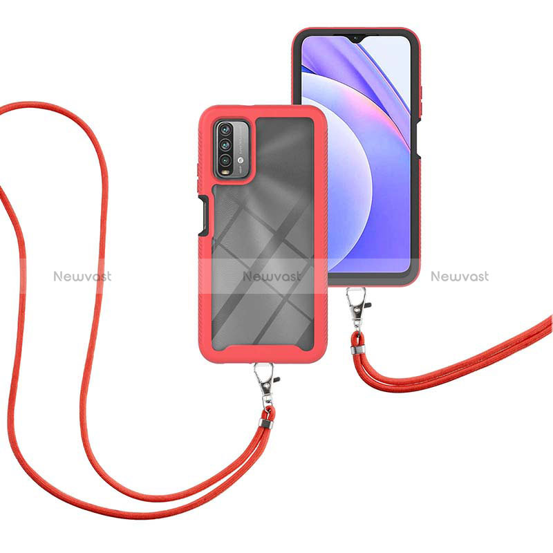 Silicone Matte Finish and Plastic Back Cover Case 360 Degrees with Lanyard Strap for Xiaomi Redmi 9T 4G Red