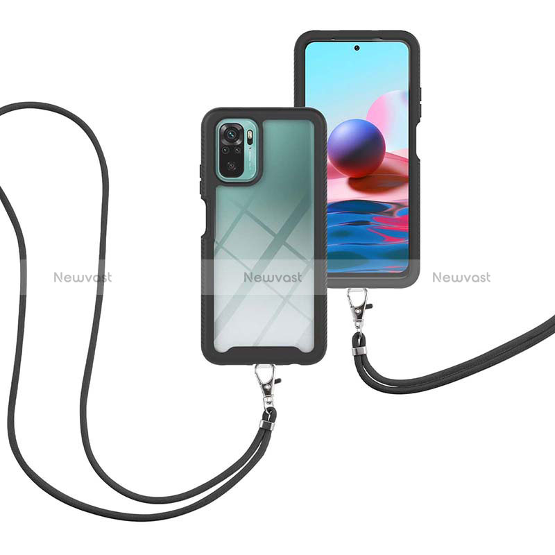 Silicone Matte Finish and Plastic Back Cover Case 360 Degrees with Lanyard Strap for Xiaomi Redmi Note 10 4G Black