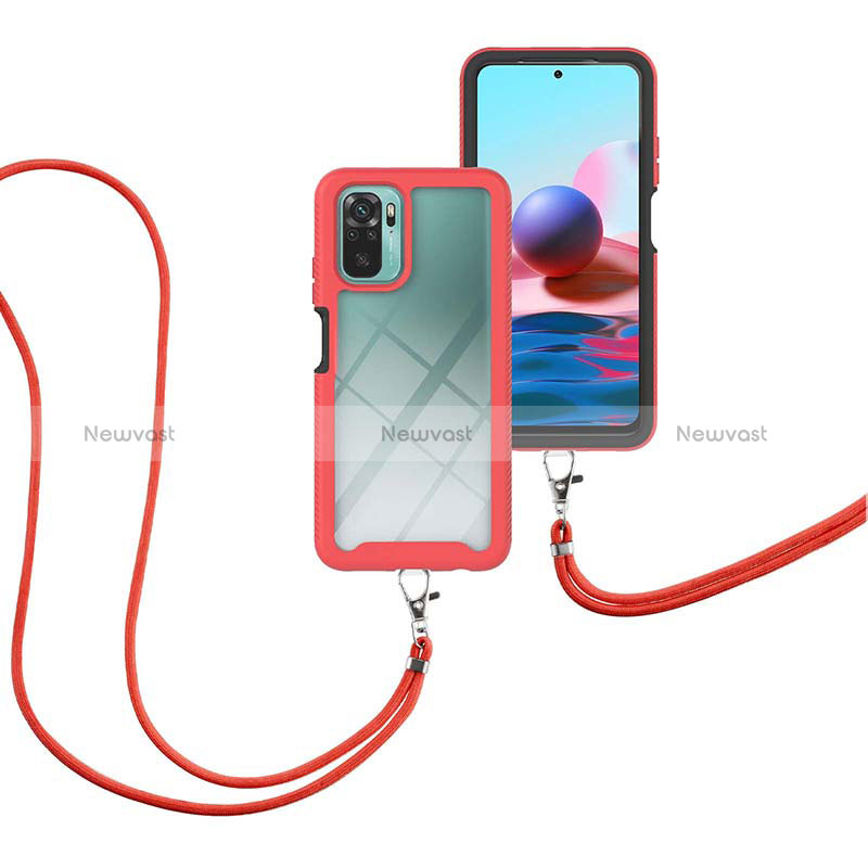 Silicone Matte Finish and Plastic Back Cover Case 360 Degrees with Lanyard Strap for Xiaomi Redmi Note 10 4G Red