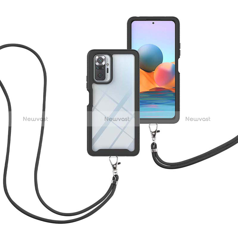 Silicone Matte Finish and Plastic Back Cover Case 360 Degrees with Lanyard Strap for Xiaomi Redmi Note 10 Pro Max Black