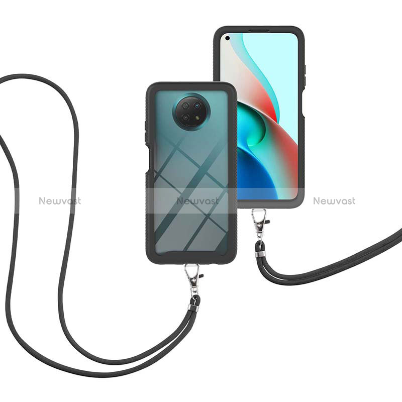 Silicone Matte Finish and Plastic Back Cover Case 360 Degrees with Lanyard Strap for Xiaomi Redmi Note 9 5G Black