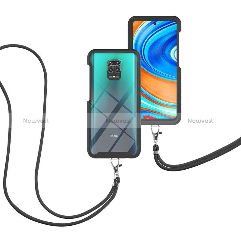 Silicone Matte Finish and Plastic Back Cover Case 360 Degrees with Lanyard Strap for Xiaomi Redmi Note 9 Pro Max Black