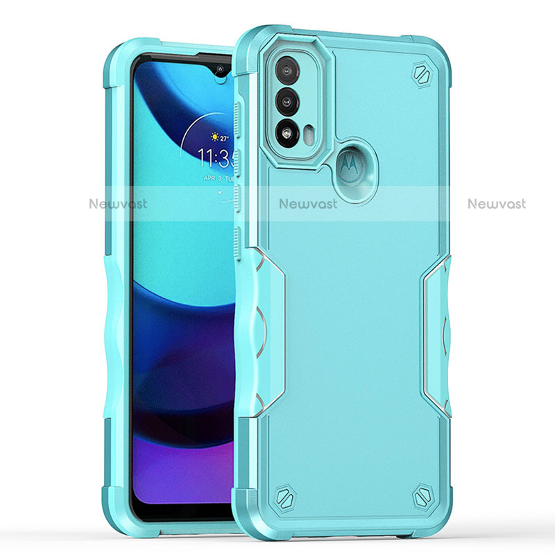 Silicone Matte Finish and Plastic Back Cover Case for Motorola Moto E30 Cyan