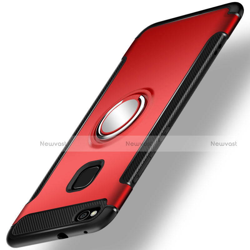 Silicone Matte Finish and Plastic Back Cover Case with Finger Ring Stand for Huawei GR3 (2017) Red