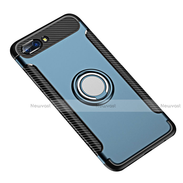 Silicone Matte Finish and Plastic Back Cover Case with Finger Ring Stand for Huawei Honor 10 Blue