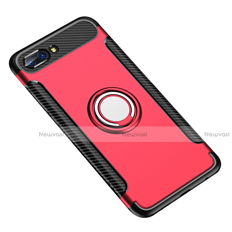 Silicone Matte Finish and Plastic Back Cover Case with Finger Ring Stand for Huawei Honor 10 Red