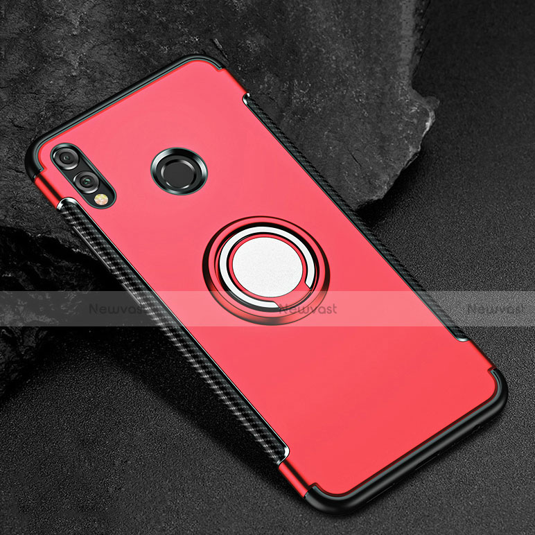 Silicone Matte Finish and Plastic Back Cover Case with Finger Ring Stand for Huawei Honor 8X Red