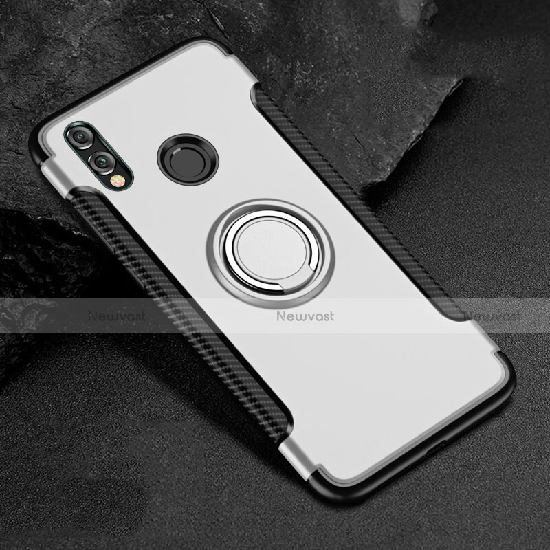 Silicone Matte Finish and Plastic Back Cover Case with Finger Ring Stand for Huawei Honor 8X White