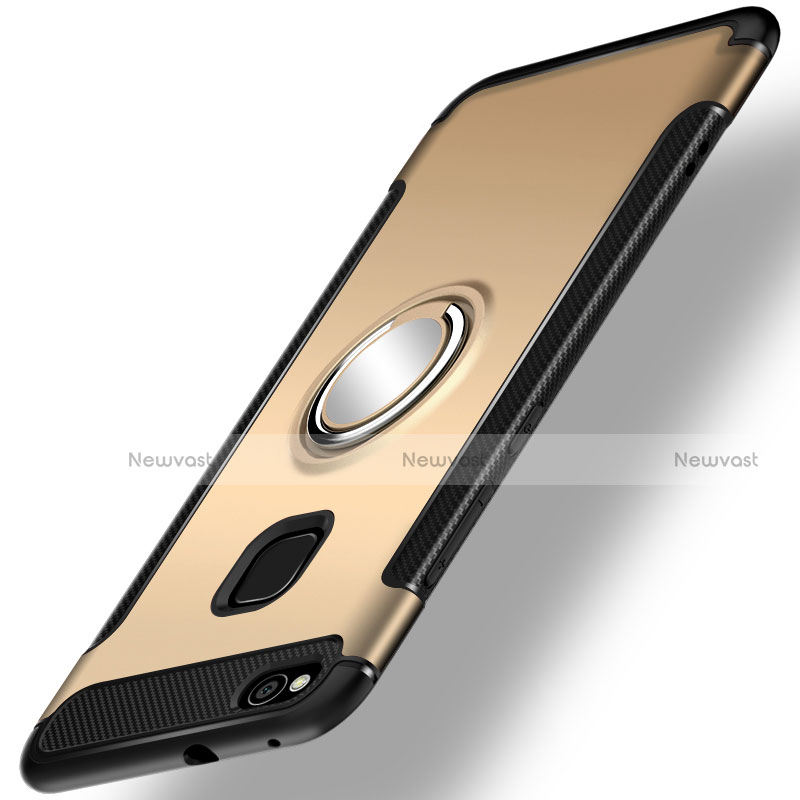 Silicone Matte Finish and Plastic Back Cover Case with Finger Ring Stand for Huawei Nova Lite Gold