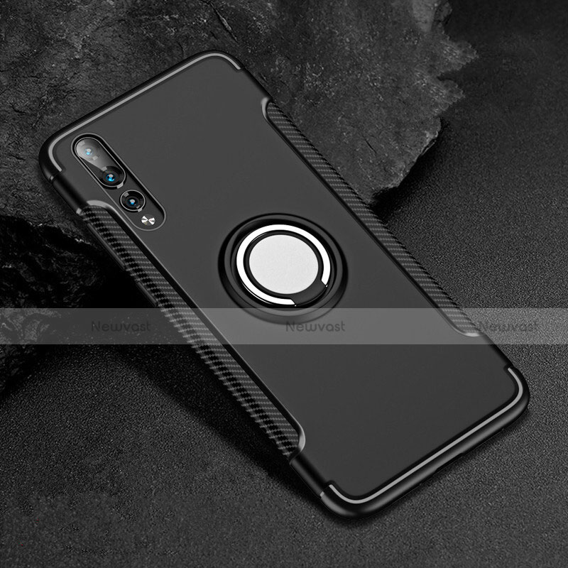 Silicone Matte Finish and Plastic Back Cover Case with Finger Ring Stand for Huawei P20 Pro Black