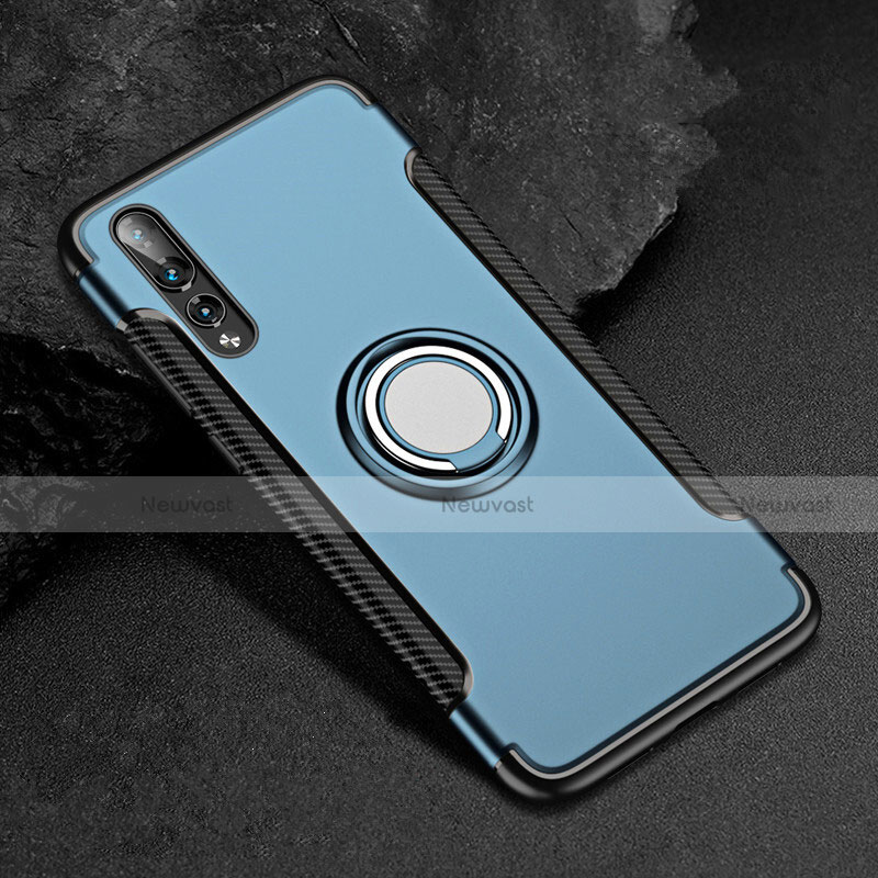 Silicone Matte Finish and Plastic Back Cover Case with Finger Ring Stand for Huawei P20 Pro Blue