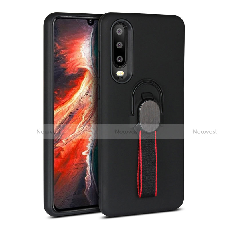 Silicone Matte Finish and Plastic Back Cover Case with Finger Ring Stand for Huawei P30 Black