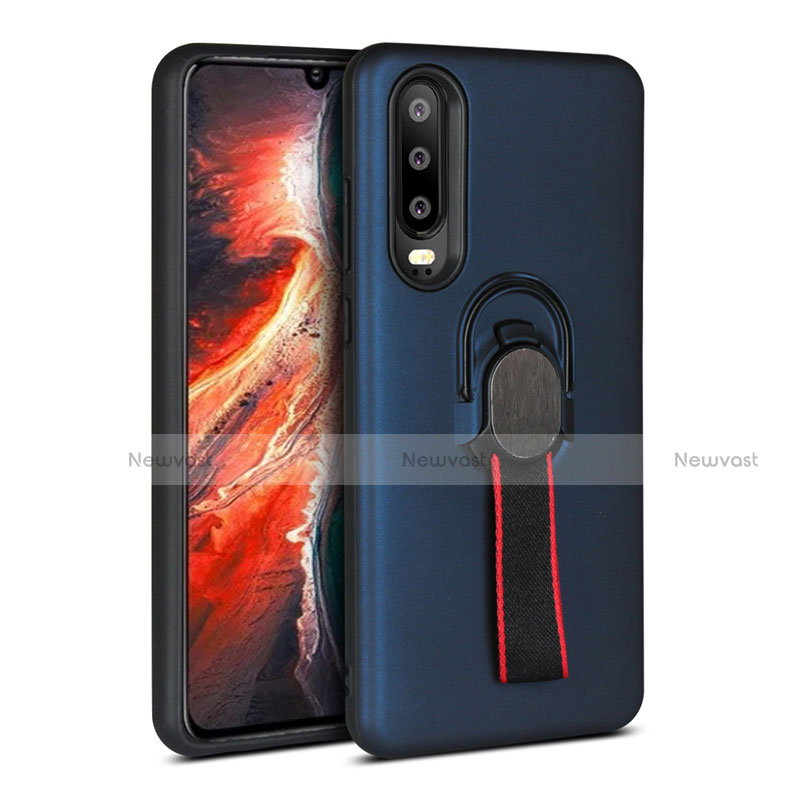 Silicone Matte Finish and Plastic Back Cover Case with Finger Ring Stand for Huawei P30 Blue