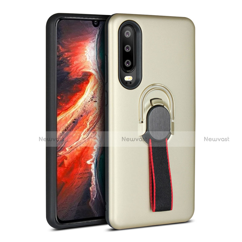 Silicone Matte Finish and Plastic Back Cover Case with Finger Ring Stand for Huawei P30 Gold