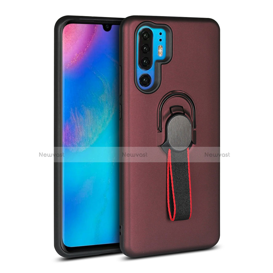 Silicone Matte Finish and Plastic Back Cover Case with Finger Ring Stand for Huawei P30 Pro Brown