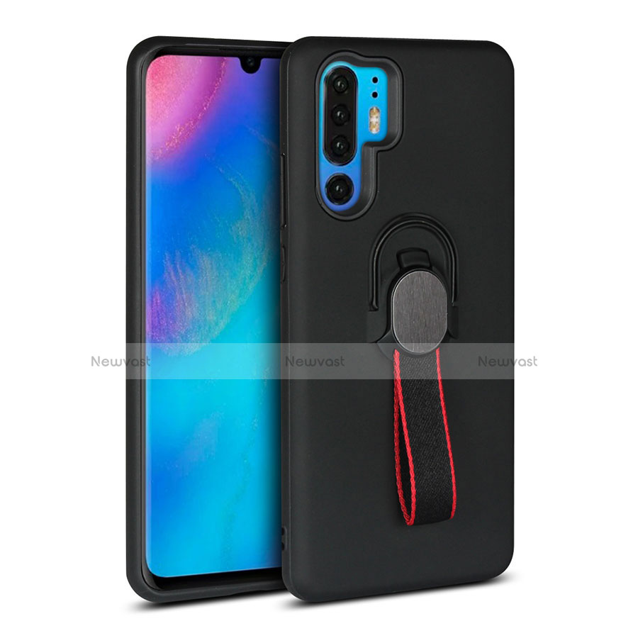 Silicone Matte Finish and Plastic Back Cover Case with Finger Ring Stand for Huawei P30 Pro New Edition Black