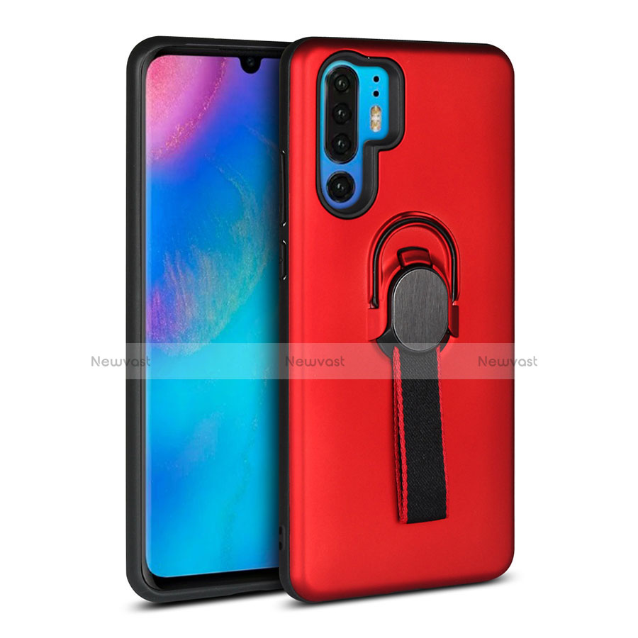 Silicone Matte Finish and Plastic Back Cover Case with Finger Ring Stand for Huawei P30 Pro New Edition Red