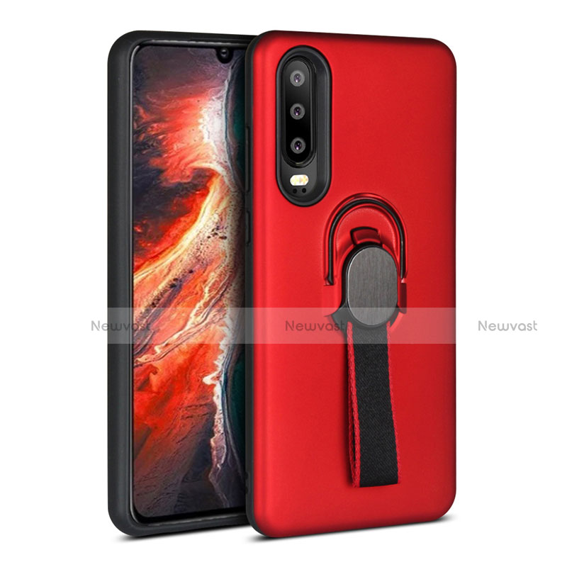 Silicone Matte Finish and Plastic Back Cover Case with Finger Ring Stand for Huawei P30 Red