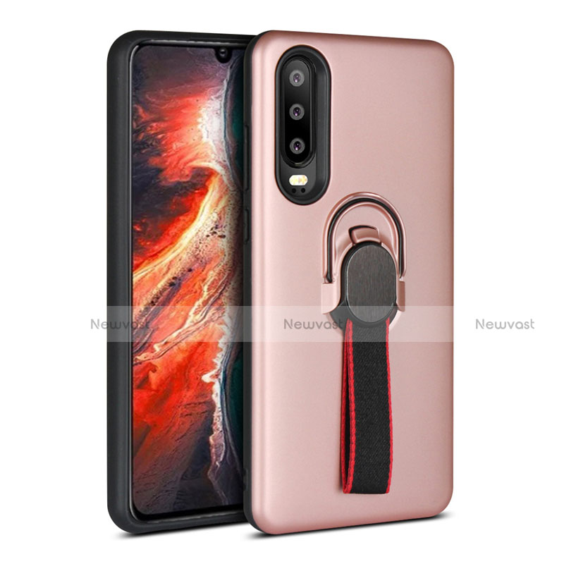 Silicone Matte Finish and Plastic Back Cover Case with Finger Ring Stand for Huawei P30 Rose Gold