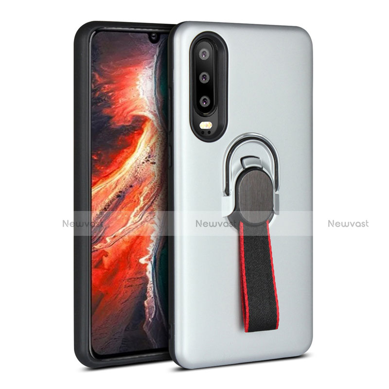 Silicone Matte Finish and Plastic Back Cover Case with Finger Ring Stand for Huawei P30 White