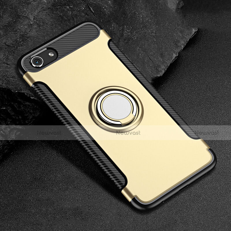 Silicone Matte Finish and Plastic Back Cover Case with Finger Ring Stand for Oppo A3 Gold