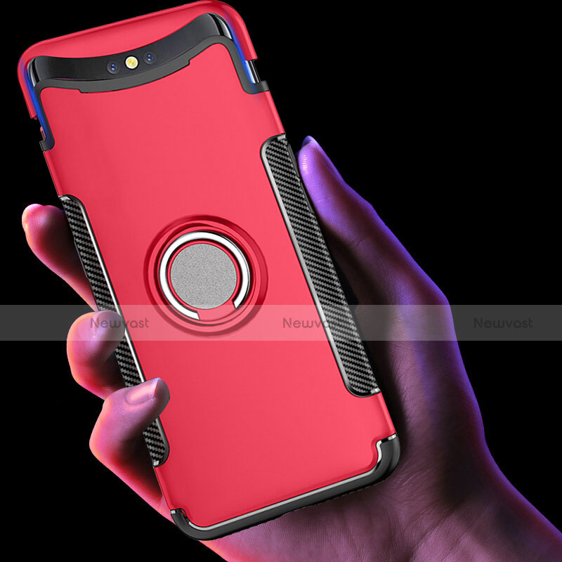 Silicone Matte Finish and Plastic Back Cover Case with Finger Ring Stand for Oppo Find X Red