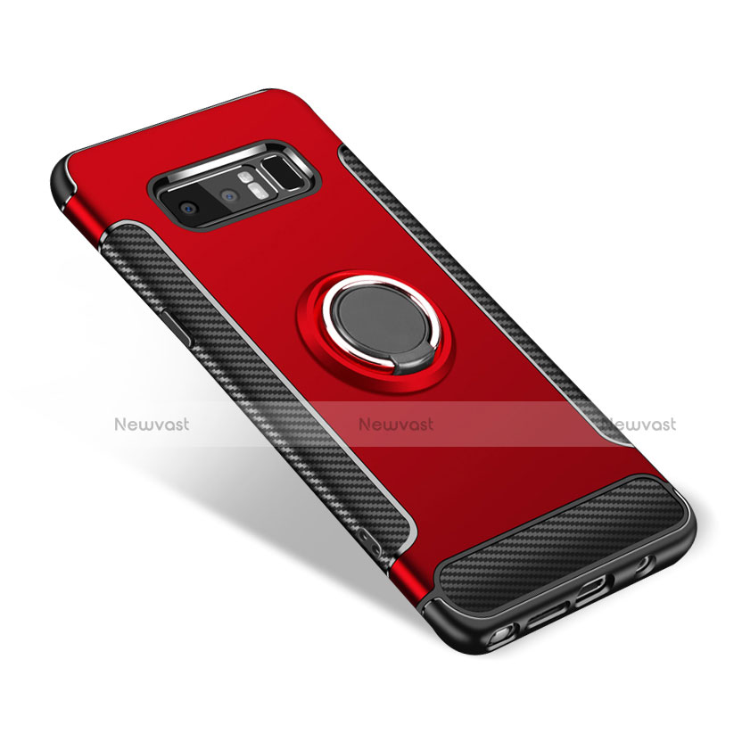 Silicone Matte Finish and Plastic Back Cover Case with Finger Ring Stand for Samsung Galaxy Note 8 Duos N950F Red