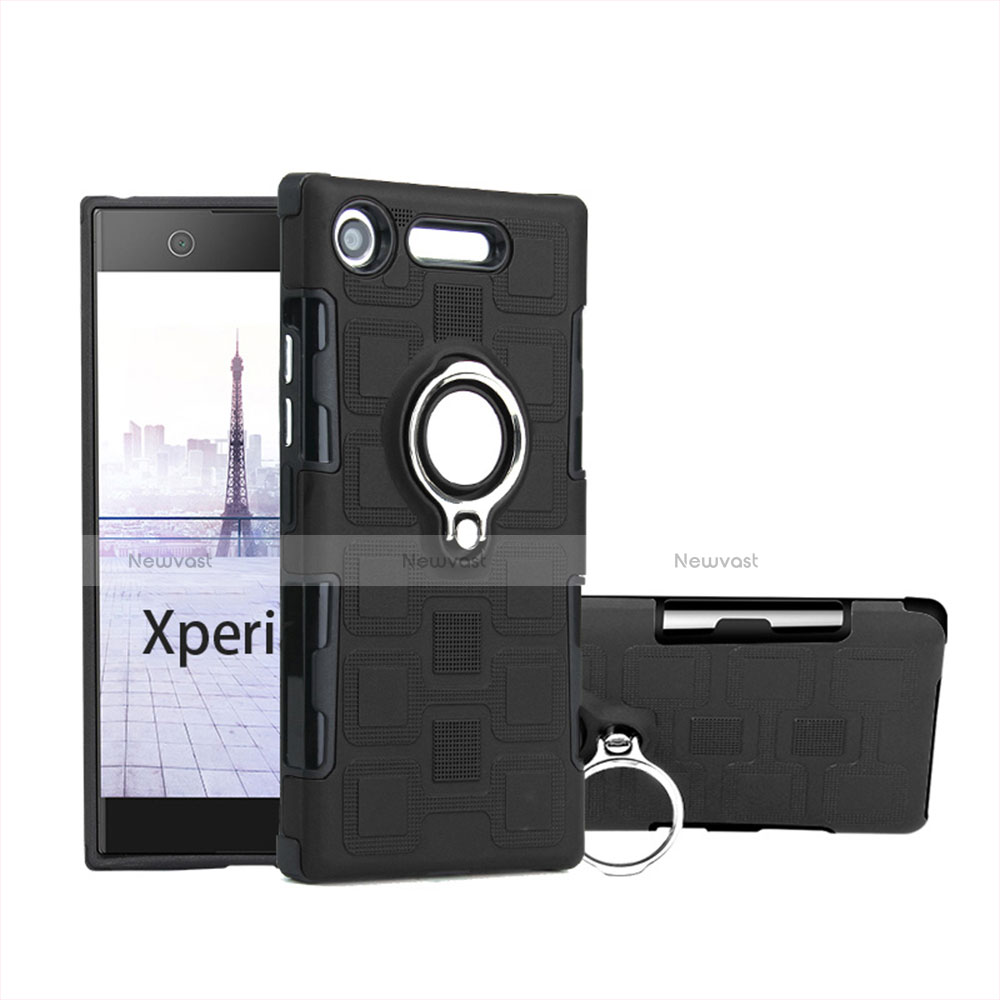 Silicone Matte Finish and Plastic Back Cover Case with Finger Ring Stand for Sony Xperia XZ1 Compact Black