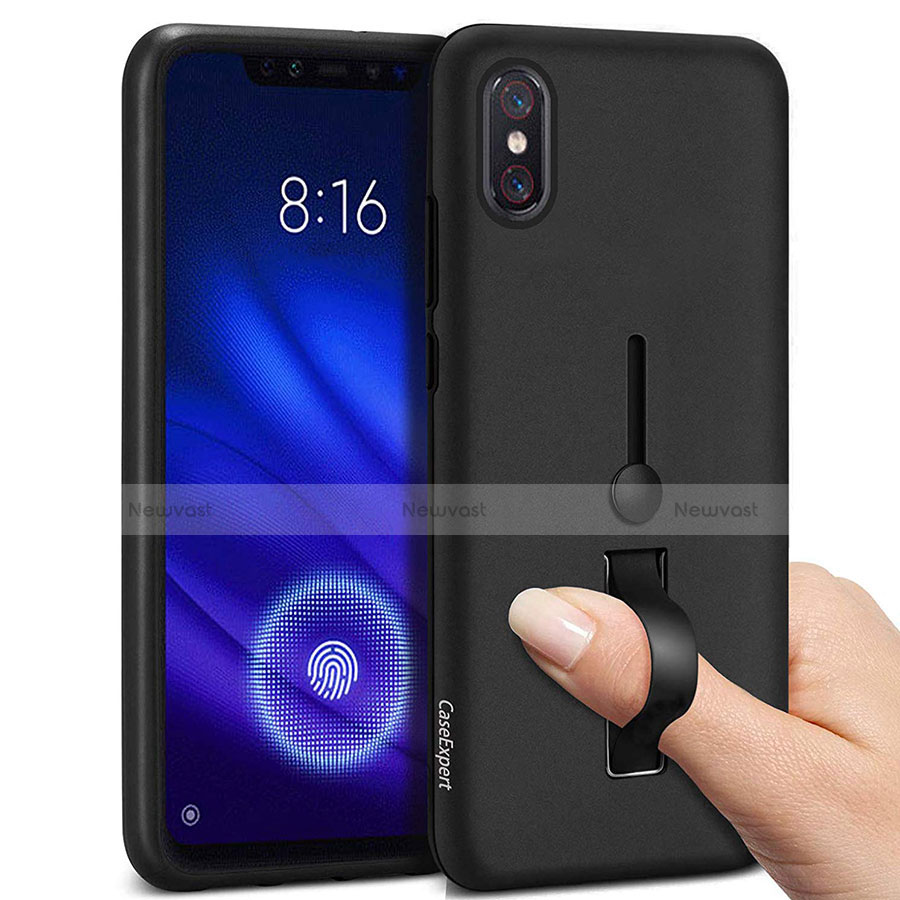 Silicone Matte Finish and Plastic Back Cover Case with Finger Ring Stand for Xiaomi Mi 8 Pro Global Version