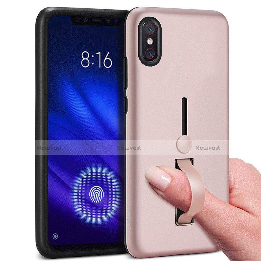 Silicone Matte Finish and Plastic Back Cover Case with Finger Ring Stand for Xiaomi Mi 8 Pro Global Version Rose Gold